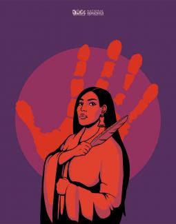 Missing and Murdered Indigenous Women and Relatives (MMIWR) poster from the National Indigenous Women's Resource Center with an image of a Native woman with a red pained hand in the background