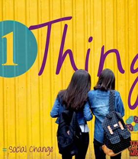 two teens facing yellow background with #1Thing logo