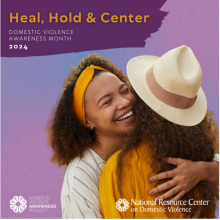 Image of two women embracing with Heal, Hold & Center message on a purple background